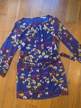 Trina Turk Royal Blue Floral Print Long Sleeve Dress
